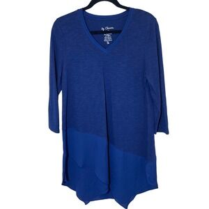 Chicos Navy Slub Knit Asymmetric Chiffon Hem V-Neck Tunic EUC Size 1/Medium/8‎
